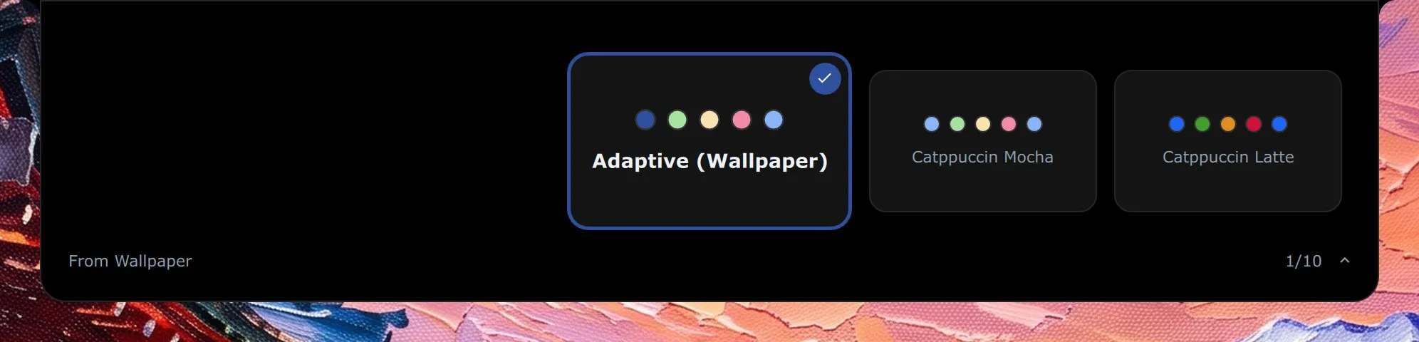 The same strip turned to palettes, with Adaptive (Wallpaper) in use beside Catppuccin Mocha and Catppuccin Latte.