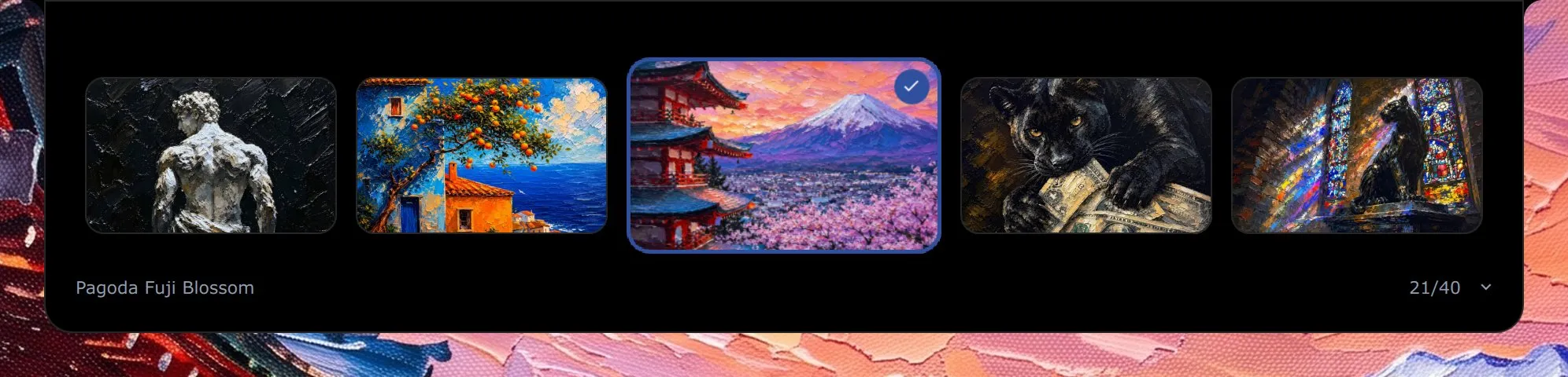 A strip of painted wallpapers with Pagoda Fuji Blossom in the middle, marked as in use.