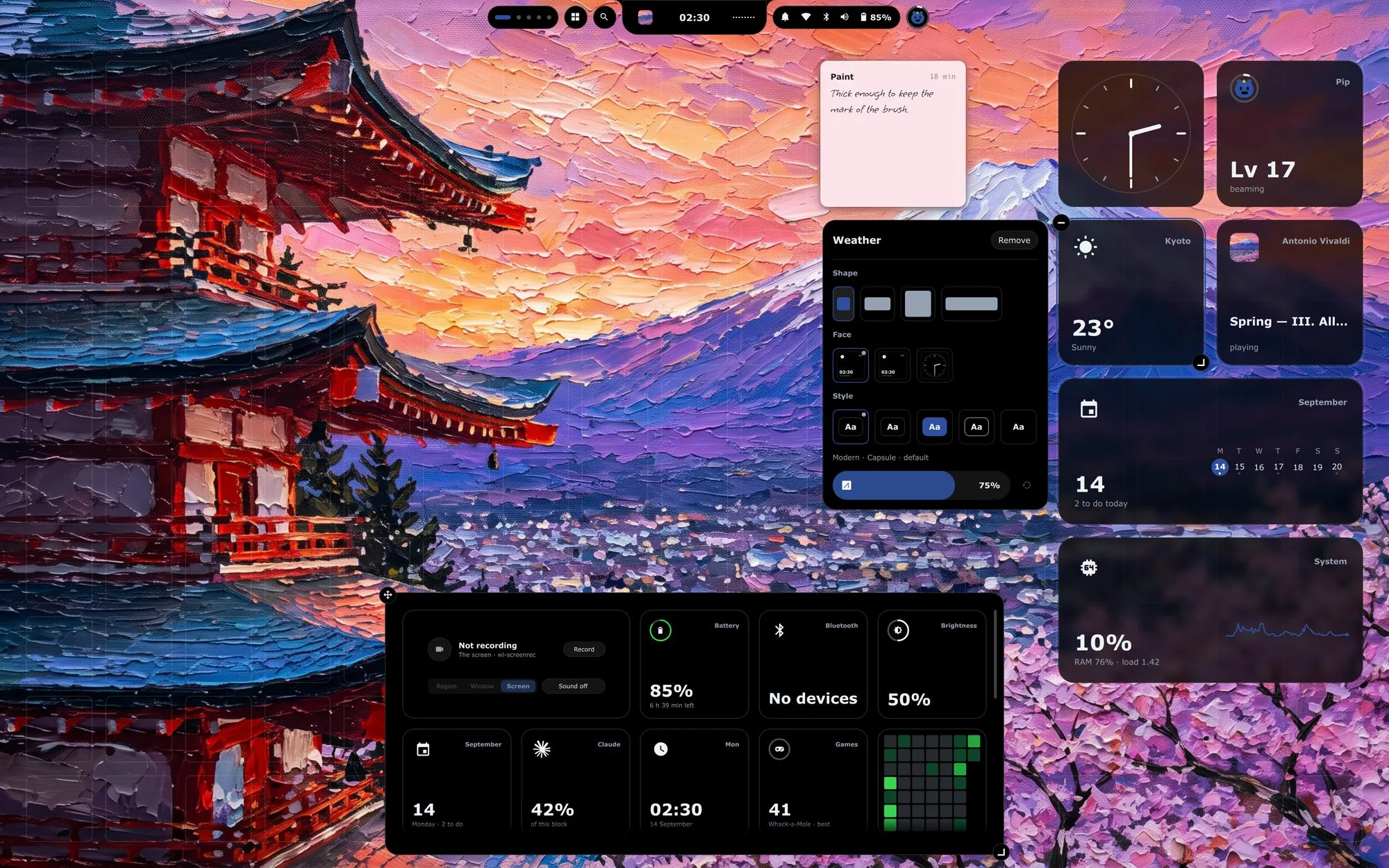 The desk in arranging mode: widgets on a faint grid over the bare wallpaper, one widget selected with a card beside it for its shape, face, style and opacity, and a card holding every module's face at the bottom.