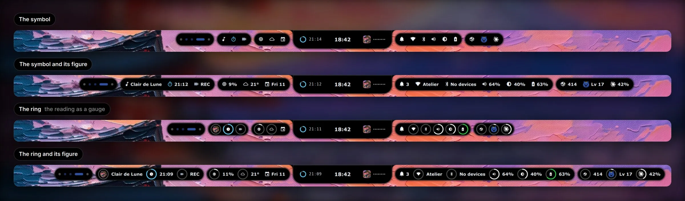 The same bar four times: the symbols alone, the symbols with their figures, the rings, and the rings with their figures