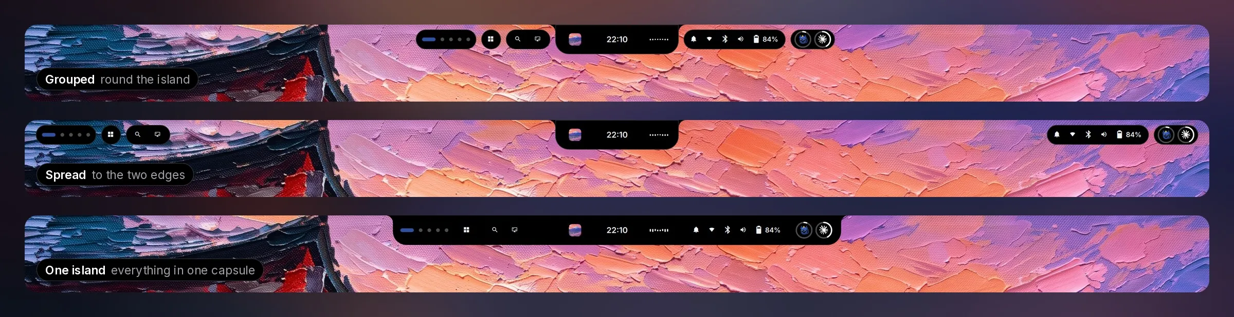 The same bar in its three styles, each with a capture button on the left: grouped round the island, spread to the two edges, and everything inside one capsule