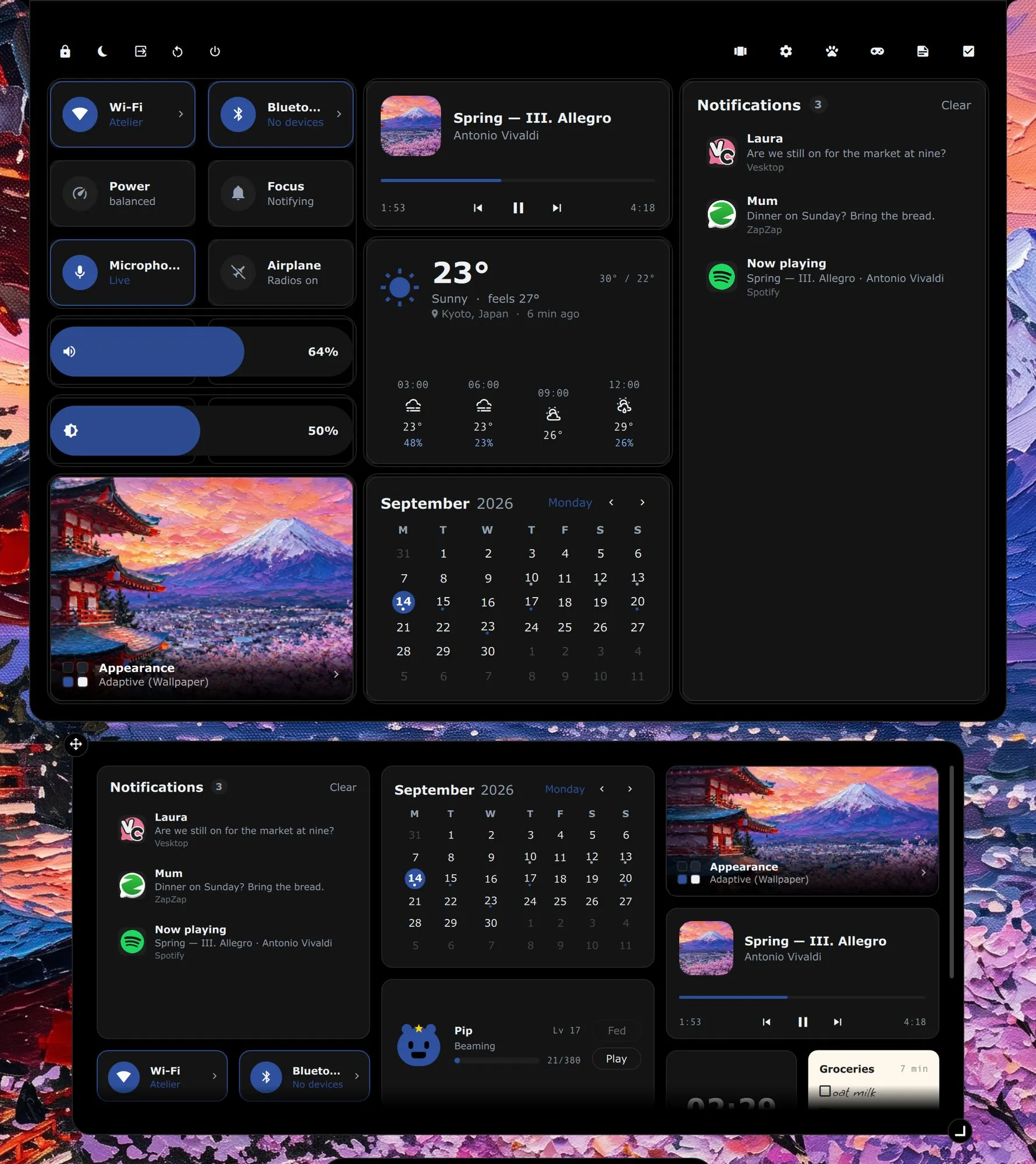 The control centre in arranging mode, its grid's cells showing, with a card under the island holding every block at its smallest size: toggles, appearance, calendar, notifications, clock, notes, tasks, media, weather, pet, games, volume and brightness.
