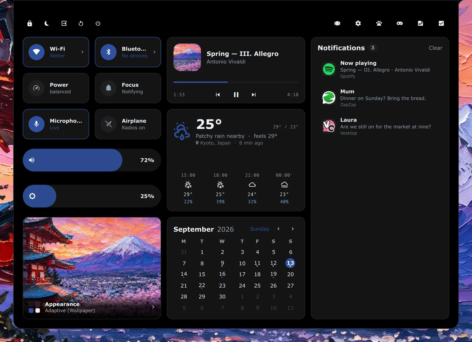 The control centre: toggles for Wi-Fi, Bluetooth, power, focus, microphone and airplane mode, volume and brightness sliders, the track playing, the weather, a calendar, the wallpaper and three notifications.