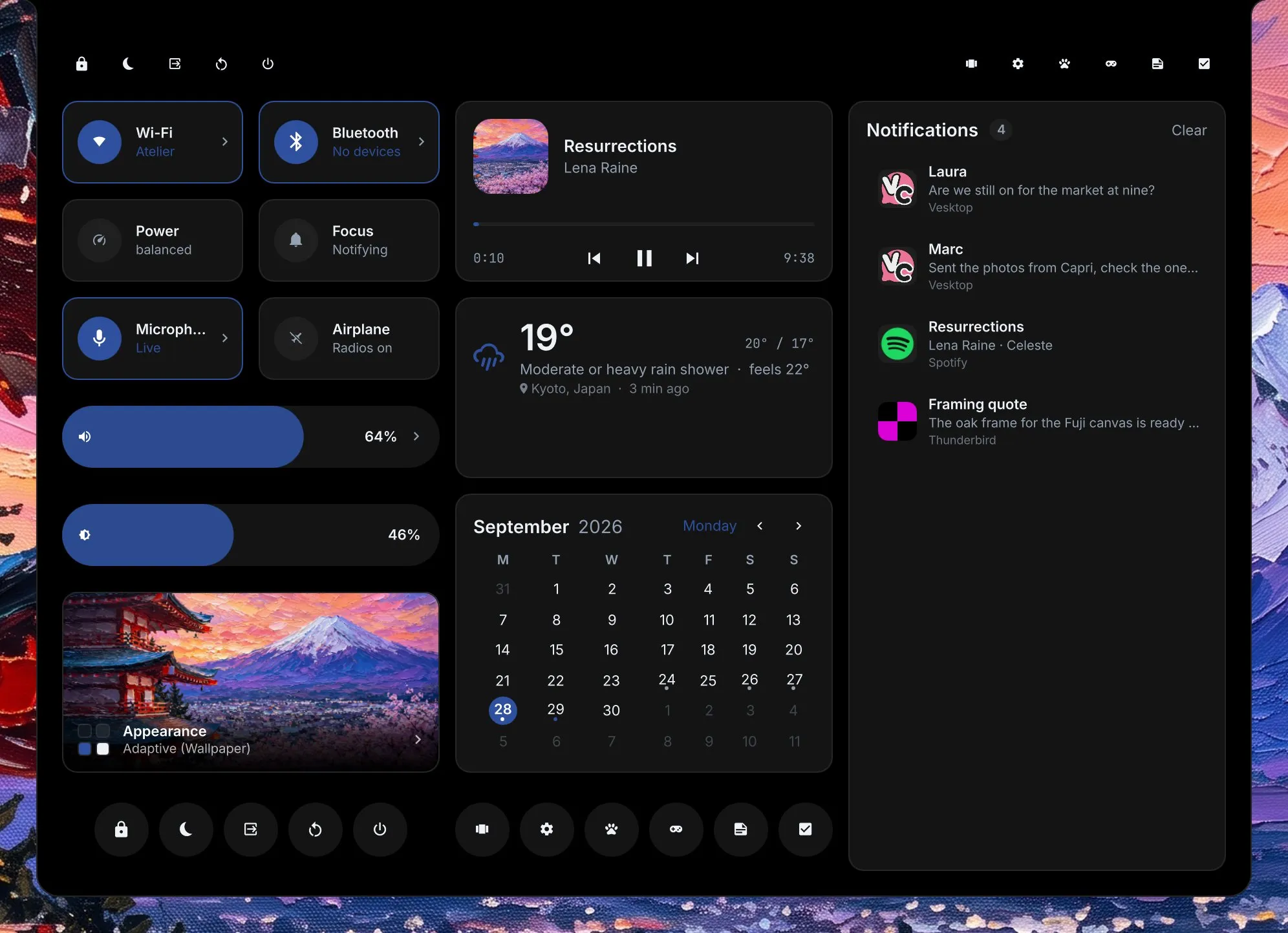 The control centre: a row of small buttons across the top, session actions on the left and shortcuts on the right; Wi-Fi, Bluetooth, Power, Focus, Microphone and Airplane tiles; volume and brightness sliders; the appearance card; the player on Resurrections by Lena Raine; the weather in Kyoto; September's calendar; four notifications; and along the bottom, the session's round buttons and a row of shortcuts.