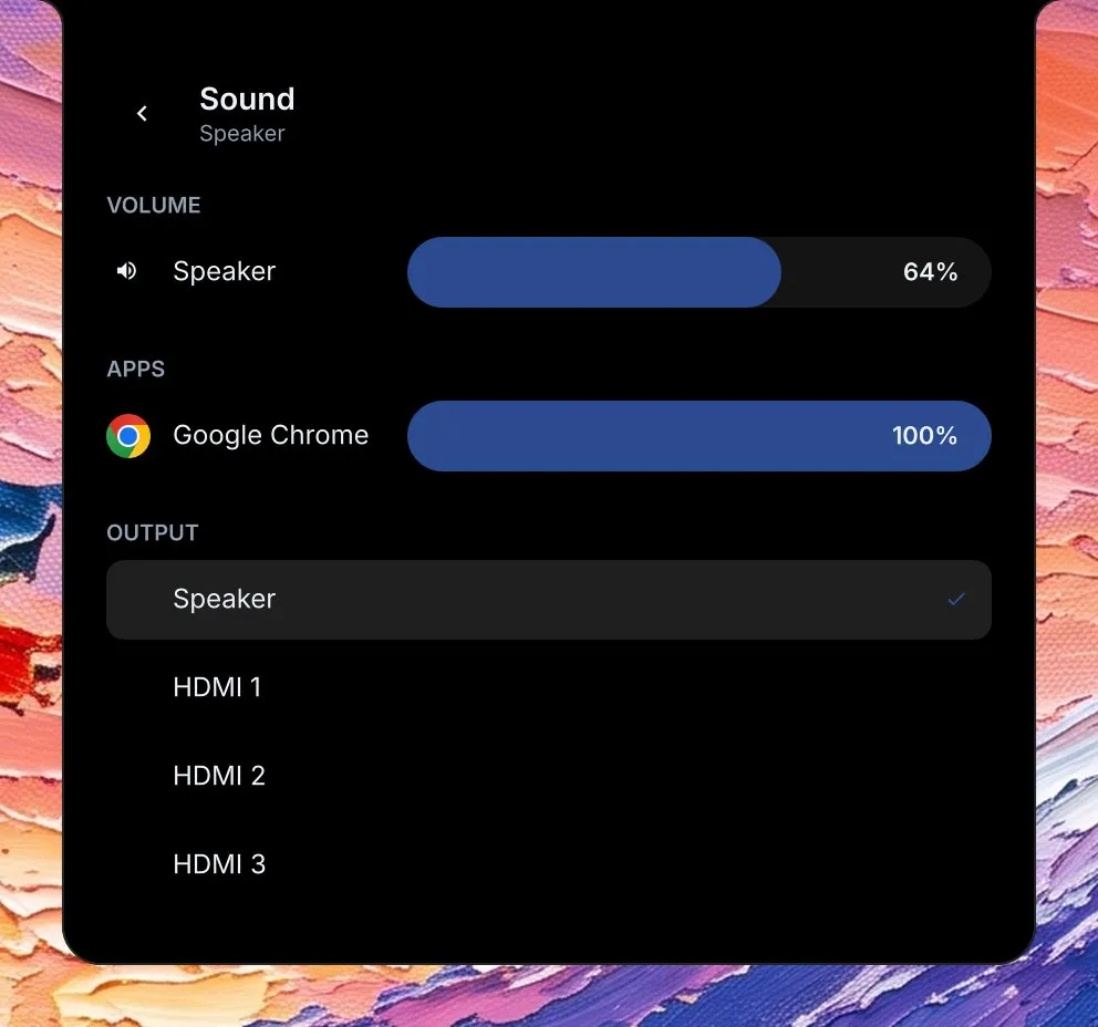 The Sound page in the island: the speaker at 64%, Google Chrome with its own level at 100% under Apps, and the outputs Speaker, ticked, HDMI 1, HDMI 2 and HDMI 3.