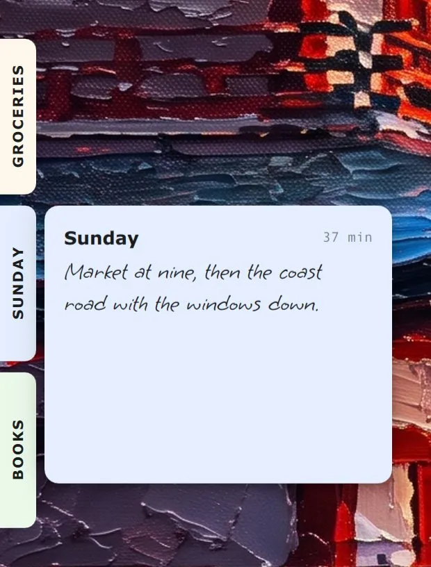 The same edge with the tabs pulled out and one note, Sunday, shown beside its tab.