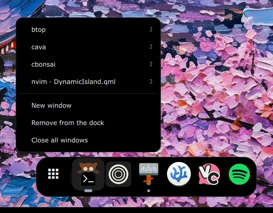 The dock's menu on the terminal, listing its four windows (btop, cava, cbonsai and nvim) above New window, Remove from the dock and Close all windows.