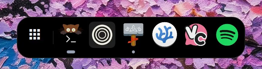 A black dock at the bottom of the screen with six applications: kitty, Zen, Thunar, VSCodium, Vesktop and Spotify, with marks under the ones that are running.
