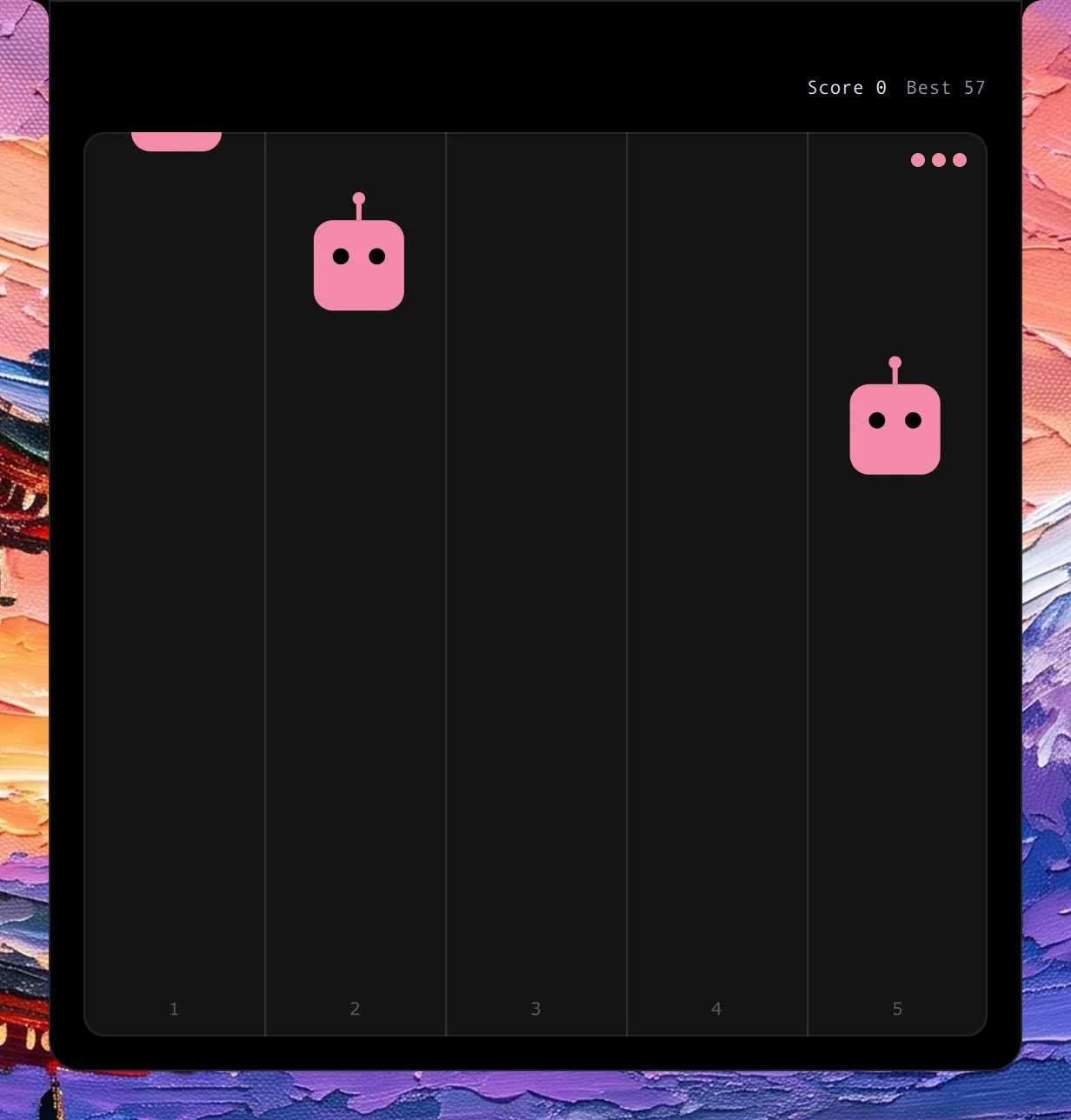 Bot Bash in the island, mid-game: five lanes with two pink robots coming down them.