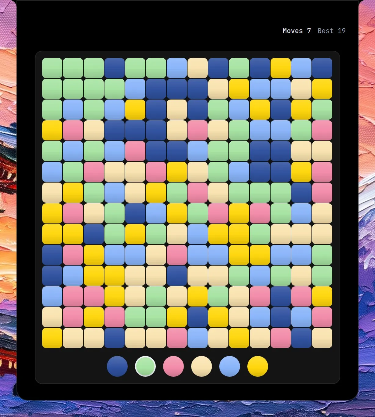 Flood Colors in the island, mid-game: a grid of coloured squares with six colour buttons under it.
