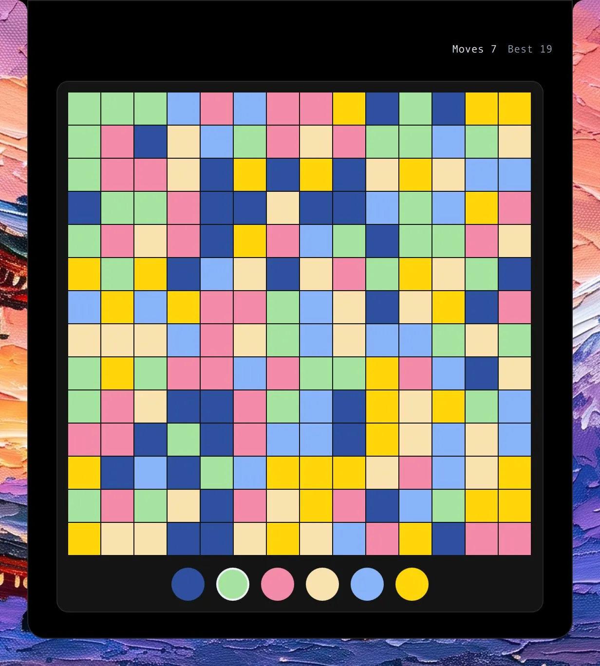 Flood Colors in the island, mid-game: a grid of coloured squares with six colour buttons under it.