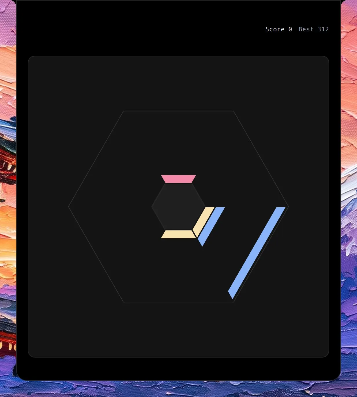 Hextris in the island, mid-game: a hexagon with coloured slabs sliding in toward its centre.