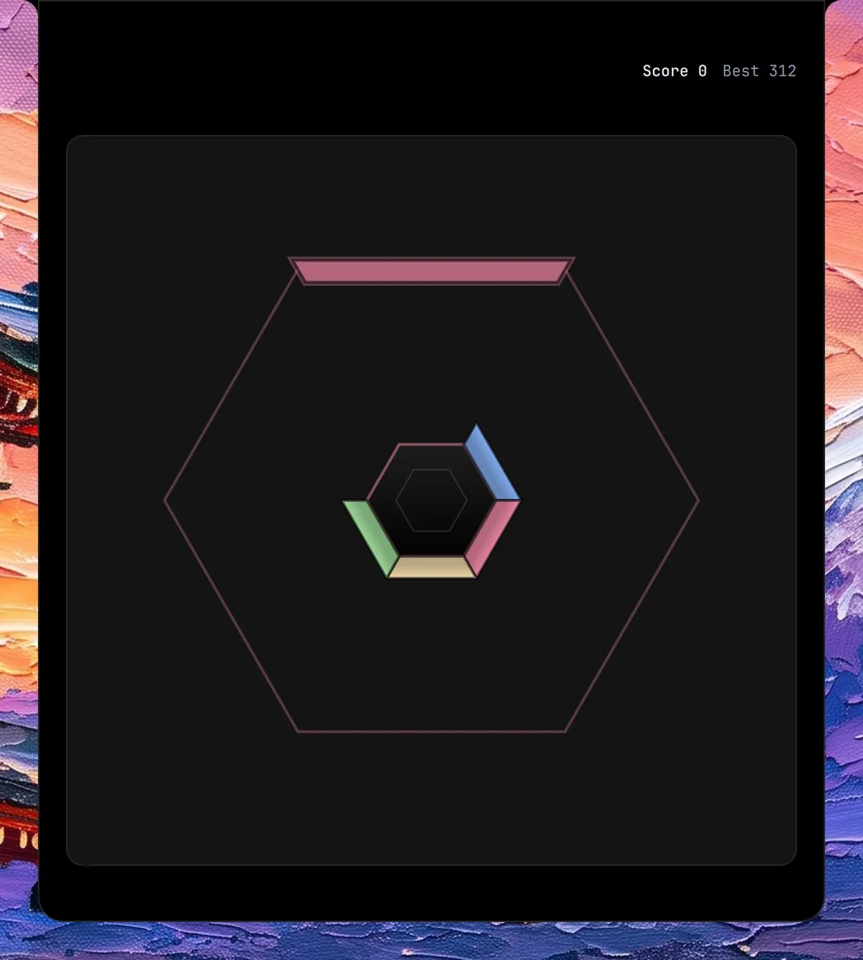 Hextris in the island, mid-game: a hexagonal core with coloured slabs sliding in toward it, under a limit line.