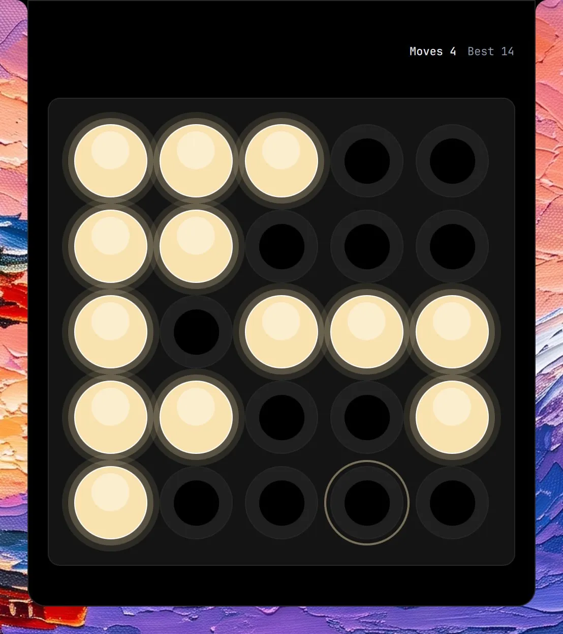 Lights Out in the island, mid-game: a five by five grid of round bulbs, some of them lit.