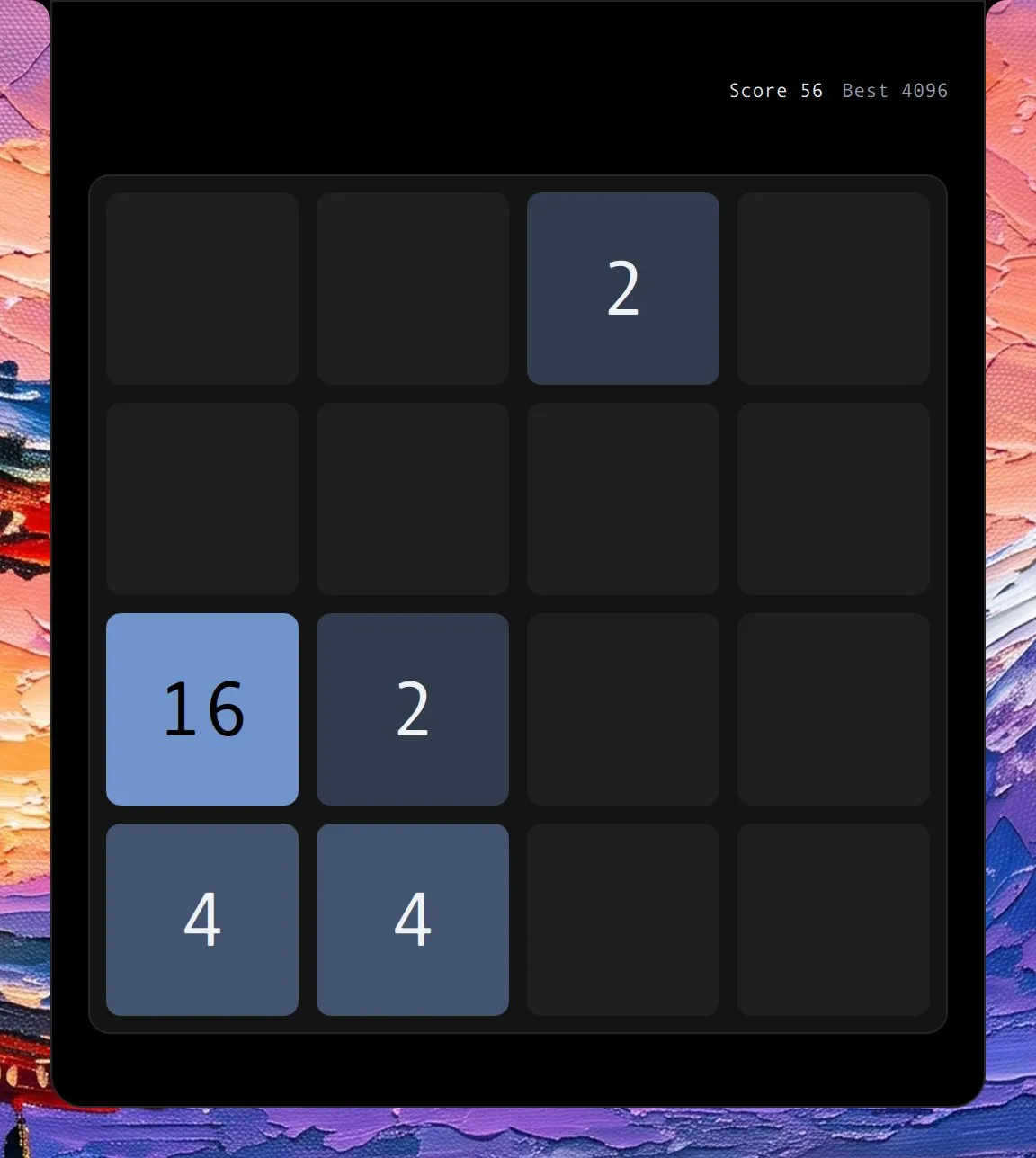2048 Mini in the island, mid-game: a four by four board with tiles 16, 4, 4, 2 and 2.