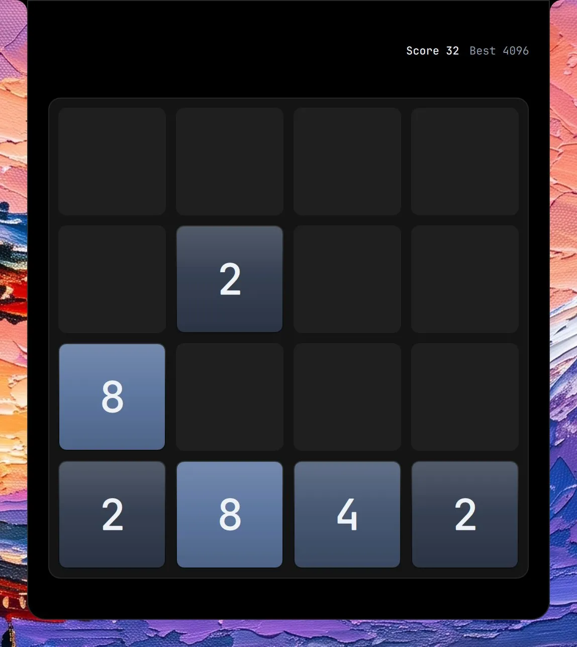 2048 Mini in the island, mid-game: a four by four board with a few numbered tiles.