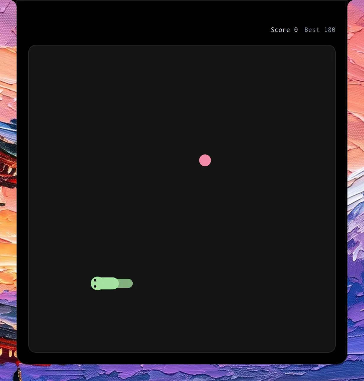 Snake Sprint in the island, mid-game: a short green snake moving toward a pink dot.