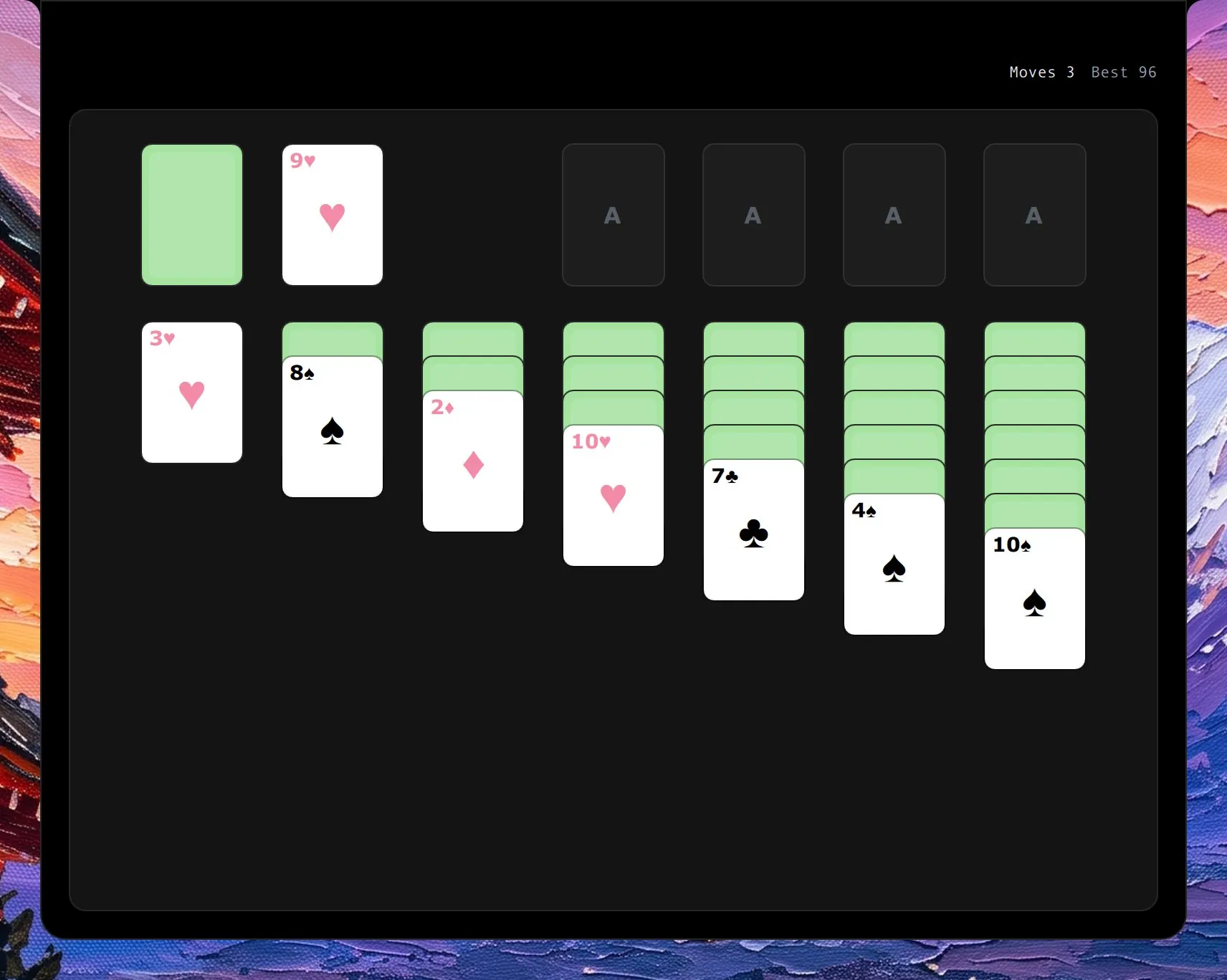 Solitaire in the island, mid-game: a game of Klondike solitaire with the tableau laid out and the foundations empty.