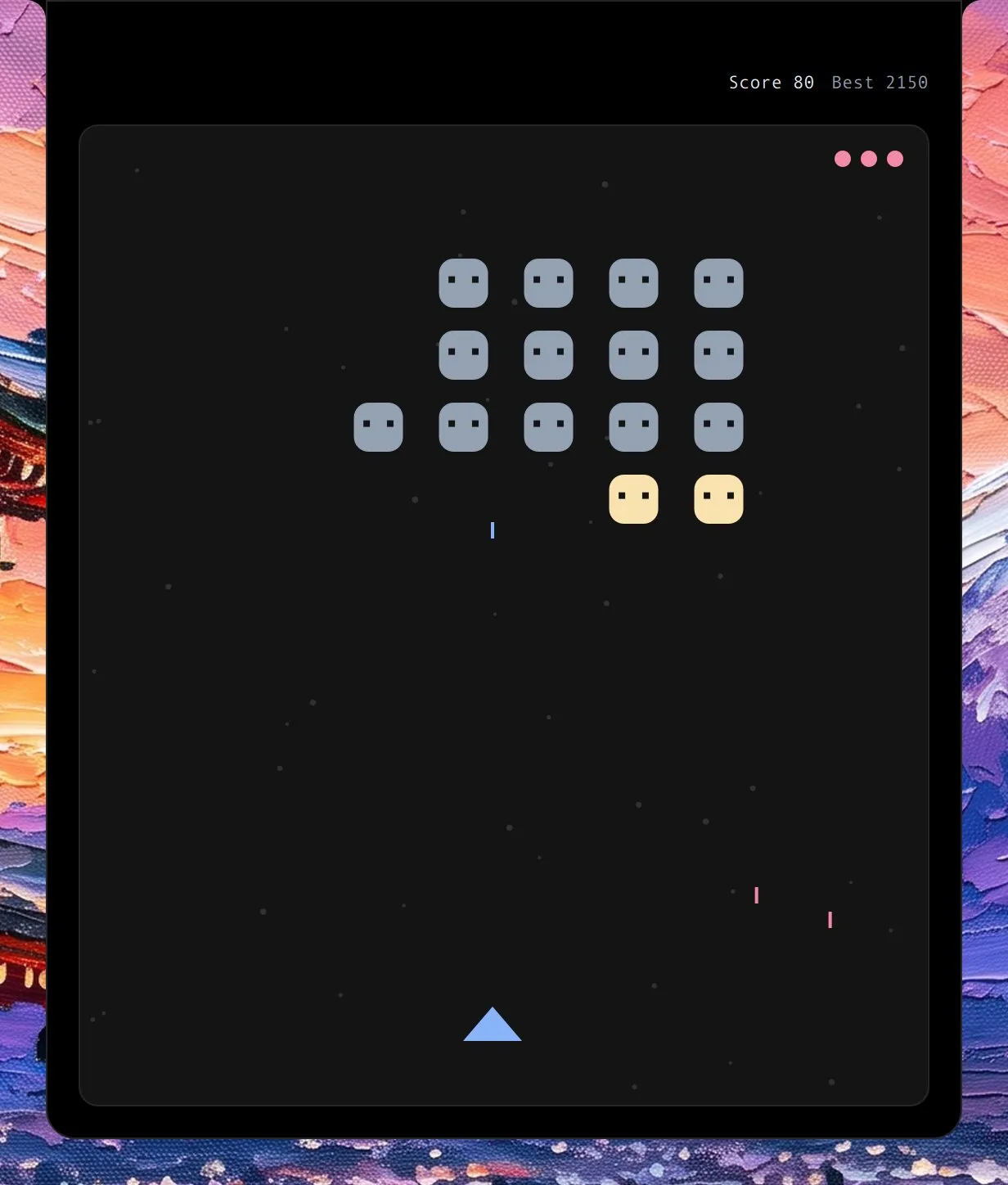 Space Blaster in the island, mid-game: rows of little invaders above a triangular ship firing at them.