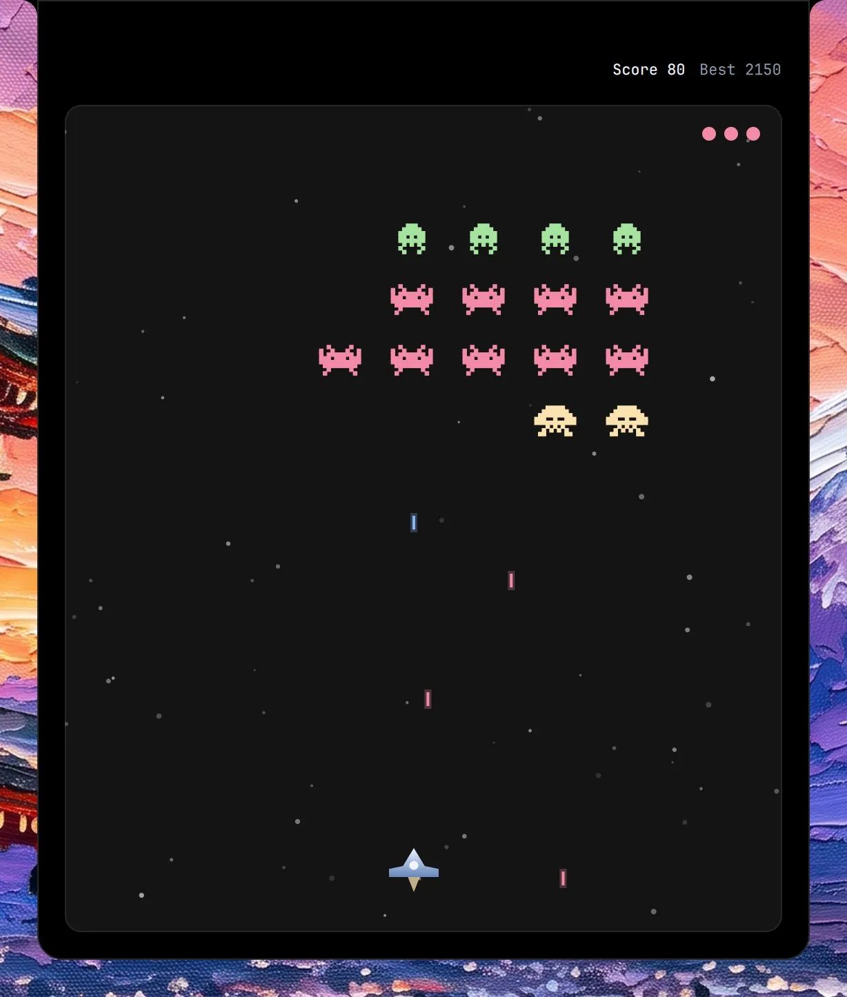 Space Blaster in the island, mid-game: rows of pixel invaders above a ship with a cockpit, firing at them.