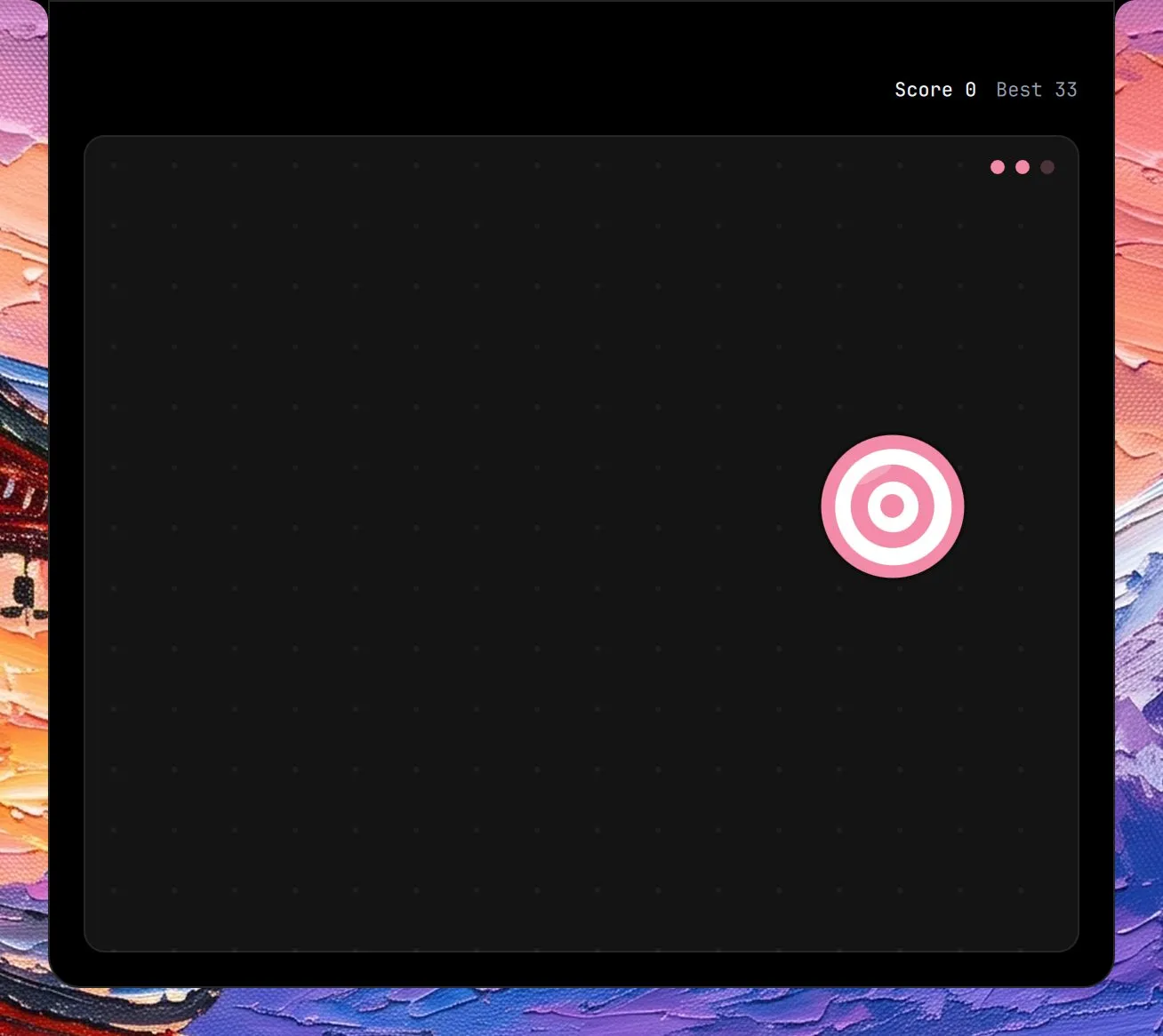 Target Smash in the island, mid-game: a target of rings and a bullseye on a field of dots.