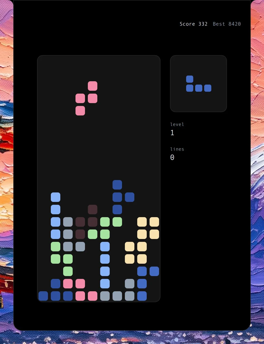 Tetris in the island, mid-game: a well half filled with pieces, a falling piece and the next piece beside it.