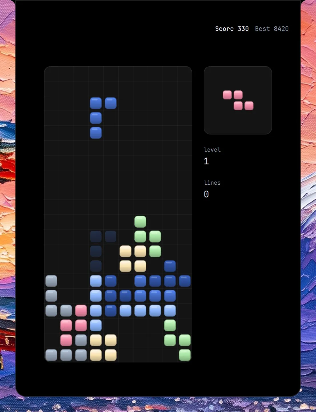Tetris in the island, mid-game: a well with its own grid, partly filled with bevelled blocks, a falling piece and the next piece beside it.