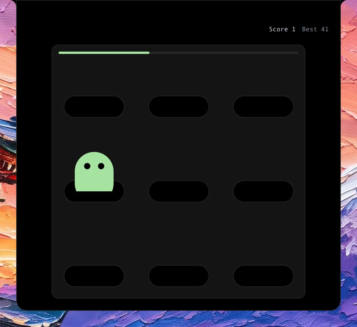 Whack-a-Mole in the island, mid-game: a three by three field of holes with one mole up and a time bar across the top.