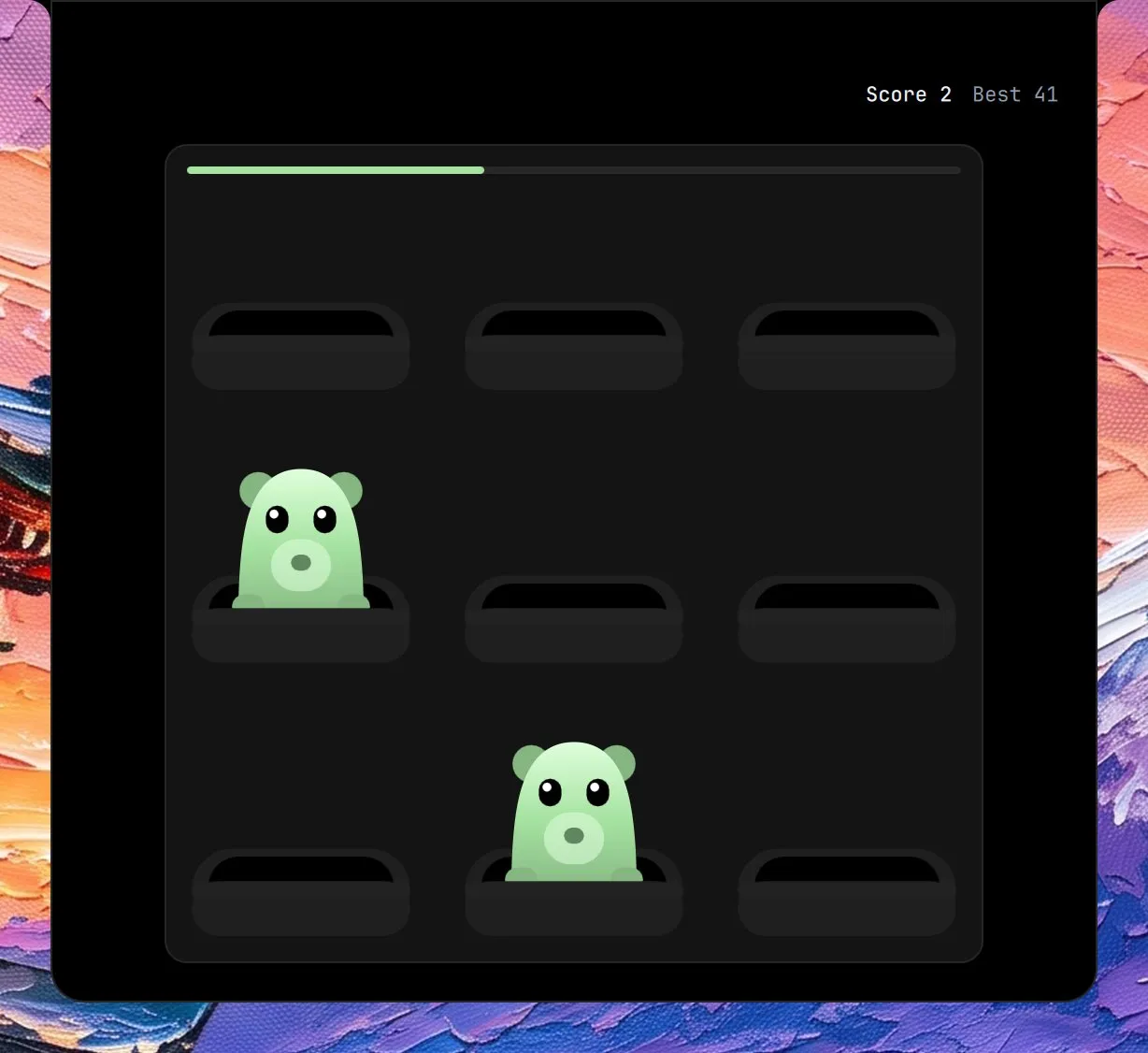 Whack-a-Mole in the island, mid-game: a three by three field of holes with two moles up, creatures with a body and a face, and a time bar across the top.