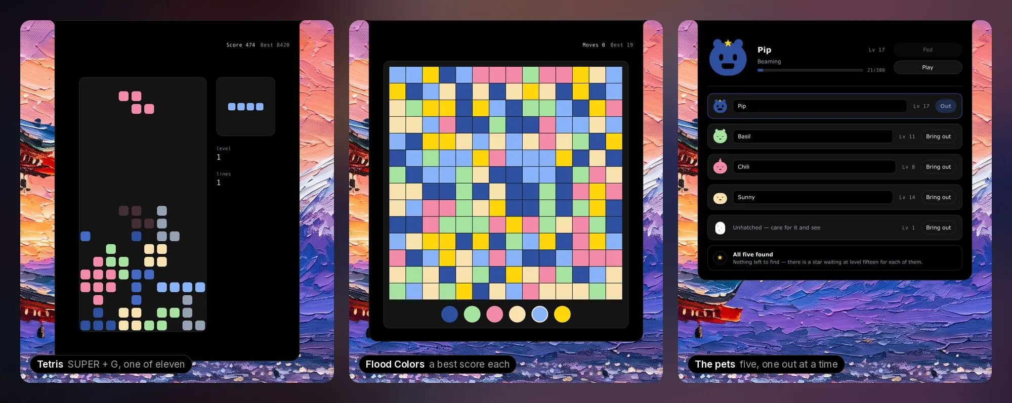Tetris and Flood Colors played in the island, and the pets' page with Pip out and the rest of the family waiting