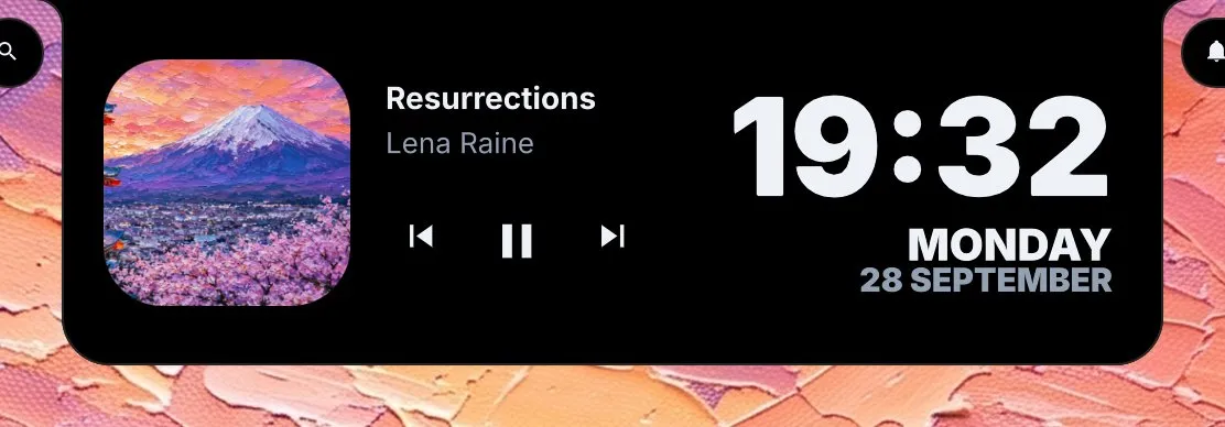 The island opened into a glance: the cover of Resurrections by Lena Raine, a painting of Mount Fuji, with previous, pause and next under the track, and at the far end 19:32 large over MONDAY 28 SEPTEMBER.