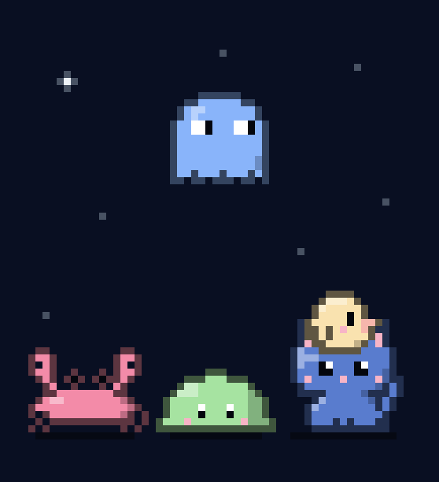 Pixel-art critters under a night sky: a ghost, a crab, a slime and a creature in a hood