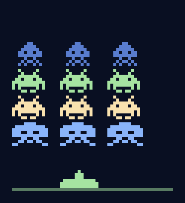Pixel-art invaders in rows over a small cannon