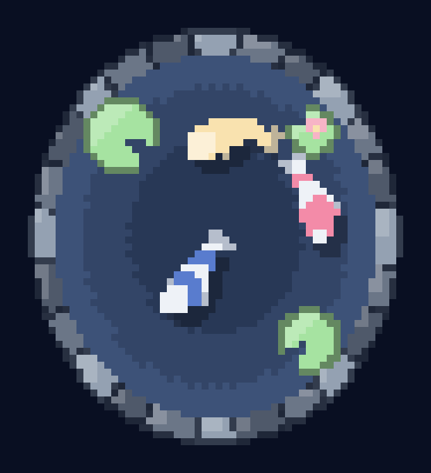 Pixel-art koi circling a round pond with lily pads