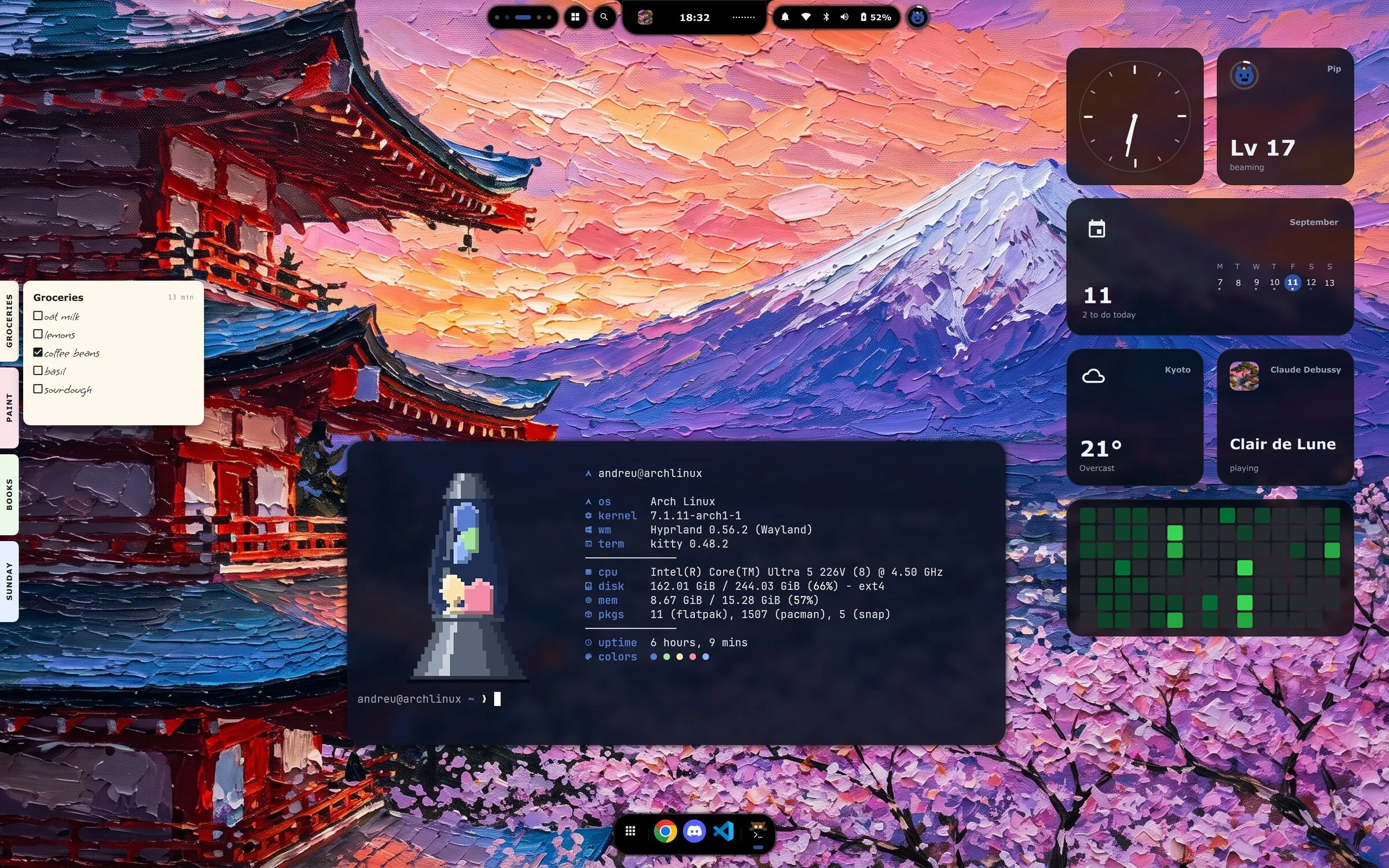 The desk: the island at the top with a track playing, widgets down the right, a deck of notes on the left edge, a terminal with the lava lamp greeting, and the dock at the bottom
