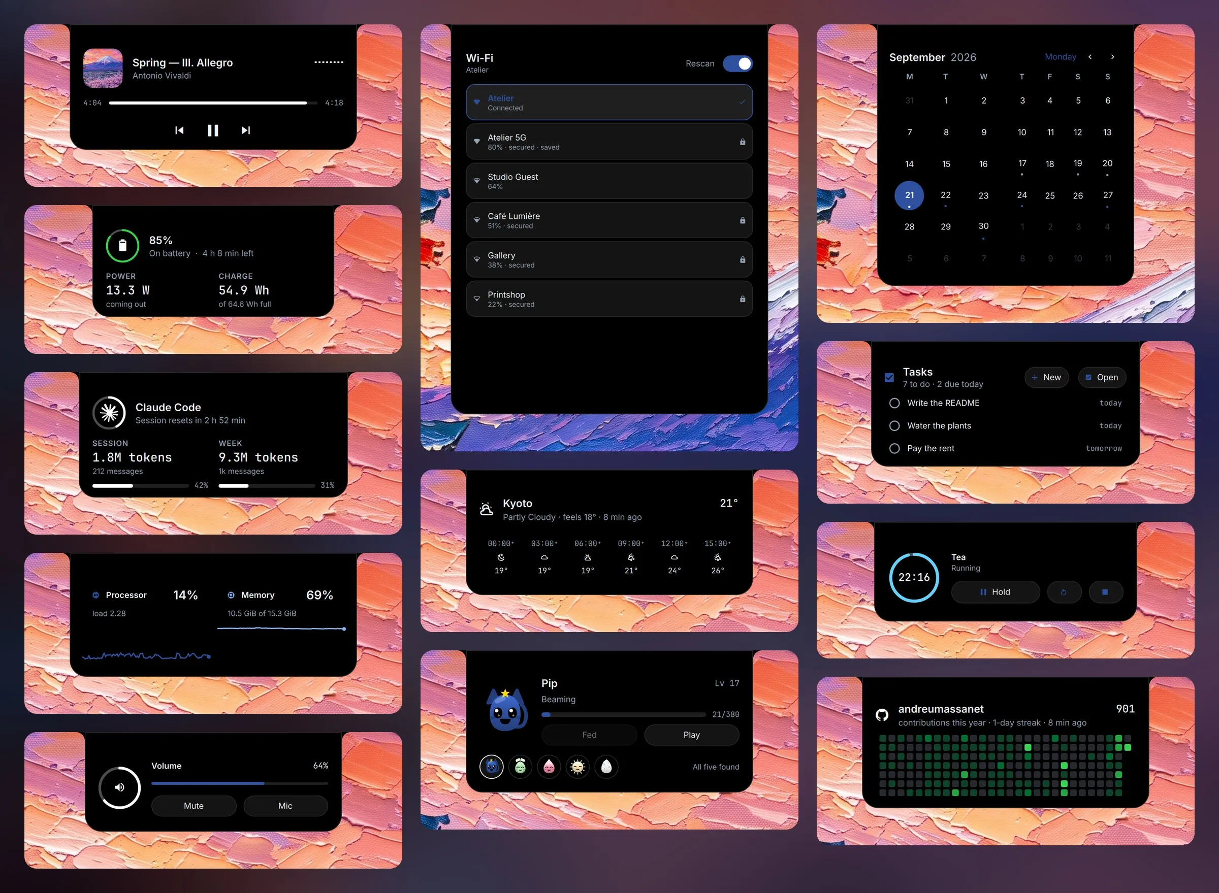 Module details in the island: the player, the battery, Claude Code's usage, the processor and memory, the volume, the Wi-Fi list, the weather, the pet, the month, the tasks, a countdown and the GitHub wall