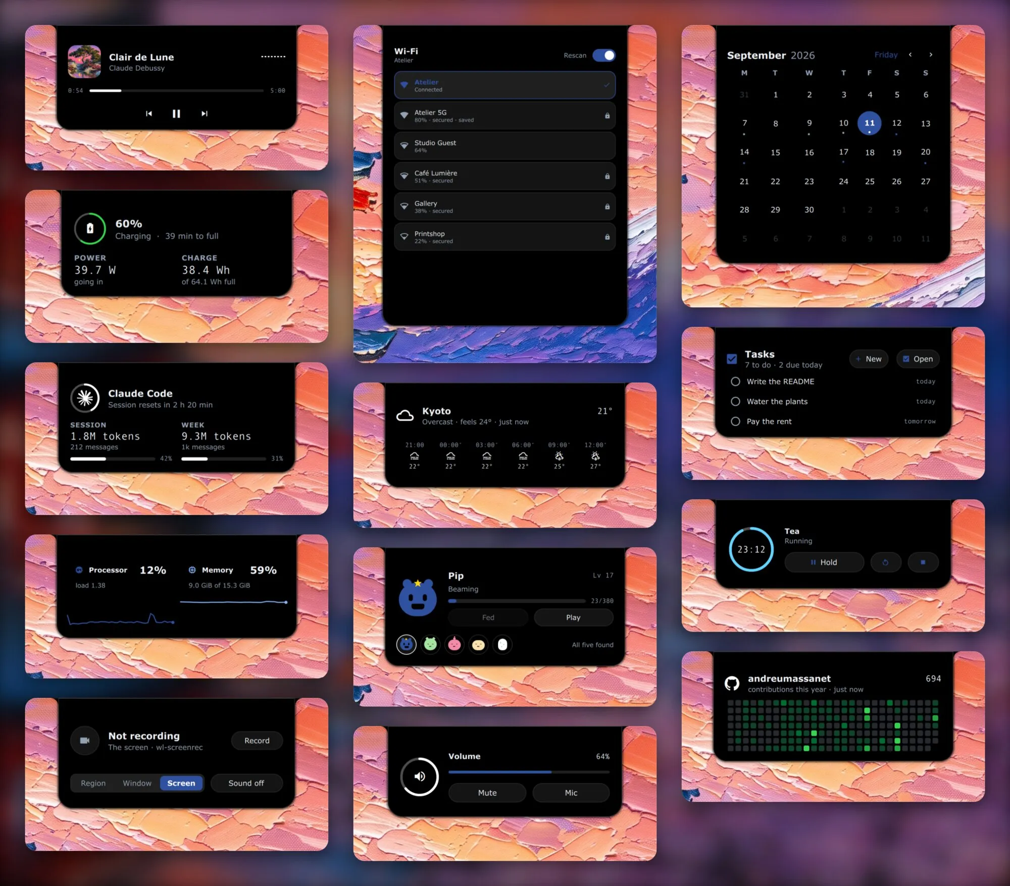 Module details in the island: the player, the battery, Claude Code's usage, the processor and memory, the recorder, the Wi-Fi list, the weather, the pet, the volume, the month, the tasks, a countdown and the GitHub wall