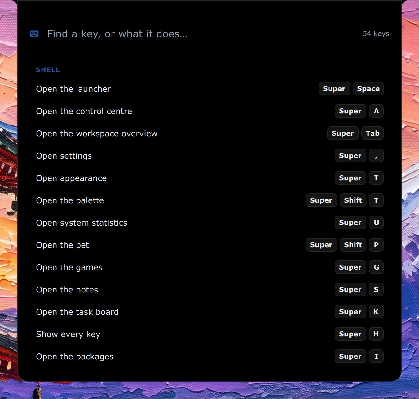 The key sheet in the island: a search field with the number of keys beside it, over one list grouped under headings, each action on the left and its keys drawn as caps on the right.