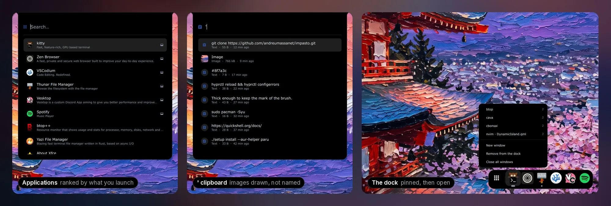 The launcher listing applications ranked by use, the clipboard history with an image drawn in its row, and the dock with the terminal's menu open over its windows