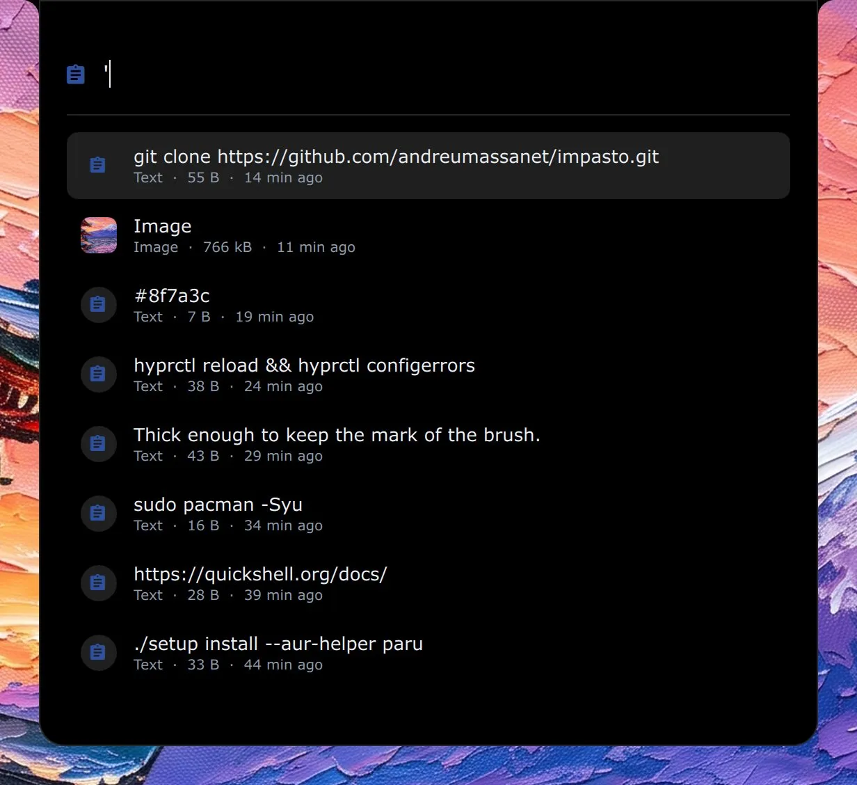 The launcher with ' typed and the clipboard history: commands, a colour, a link and an image.