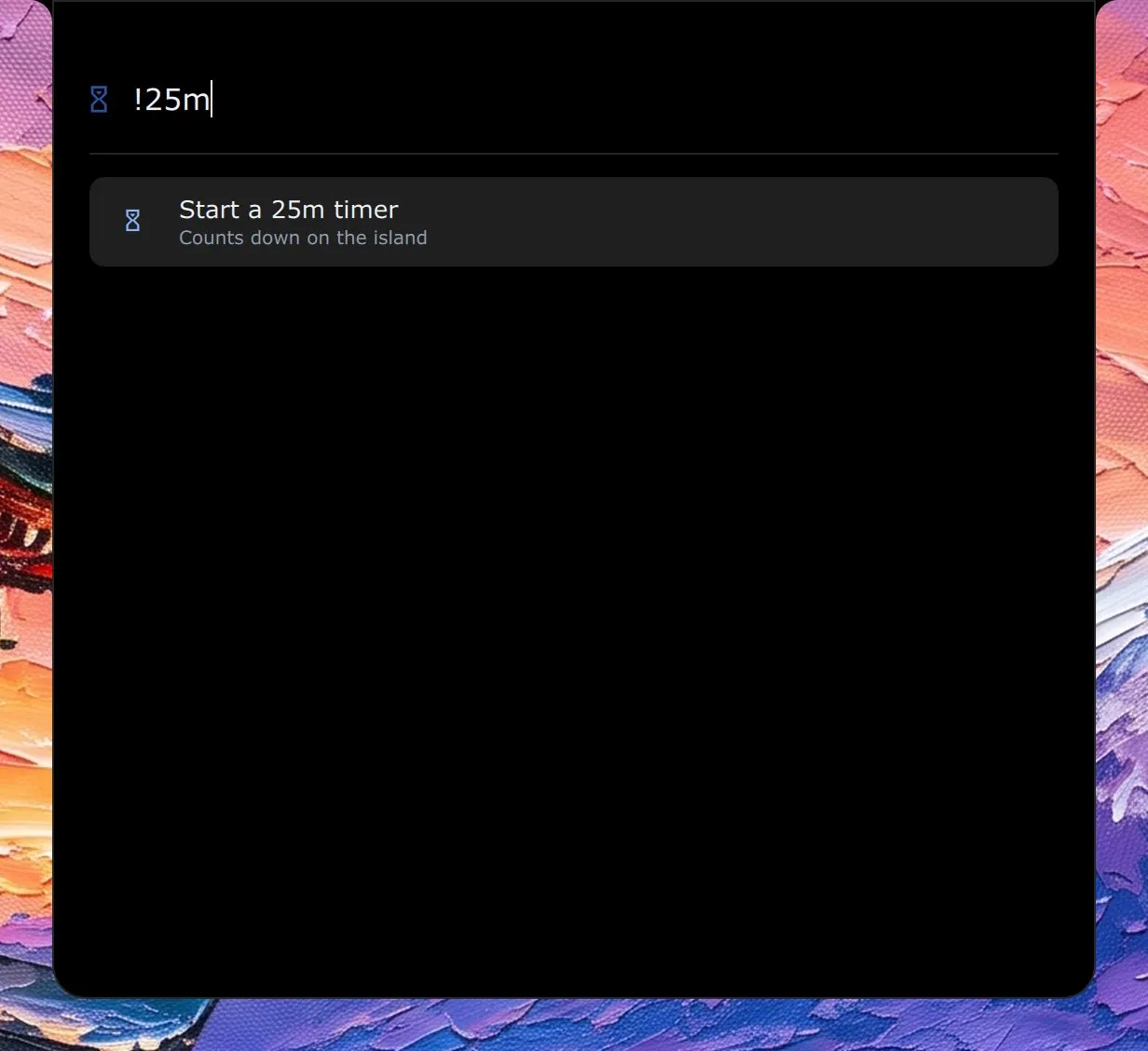 The launcher with !25m typed and one result, Start a 25m timer.
