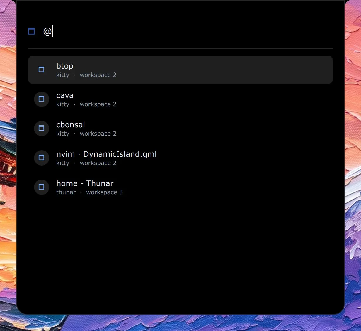 The launcher with @ typed and the open windows listed with their workspaces: four terminals (btop, cava, cbonsai and nvim) and Thunar.