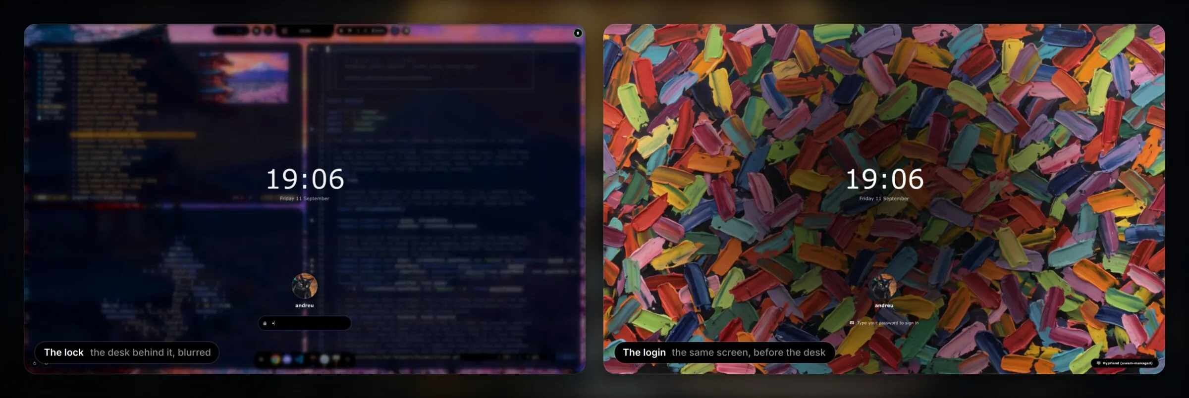 The lock screen over the blurred desk, and the SDDM login screen over a painting of brush strokes, with the same clock, face and field
