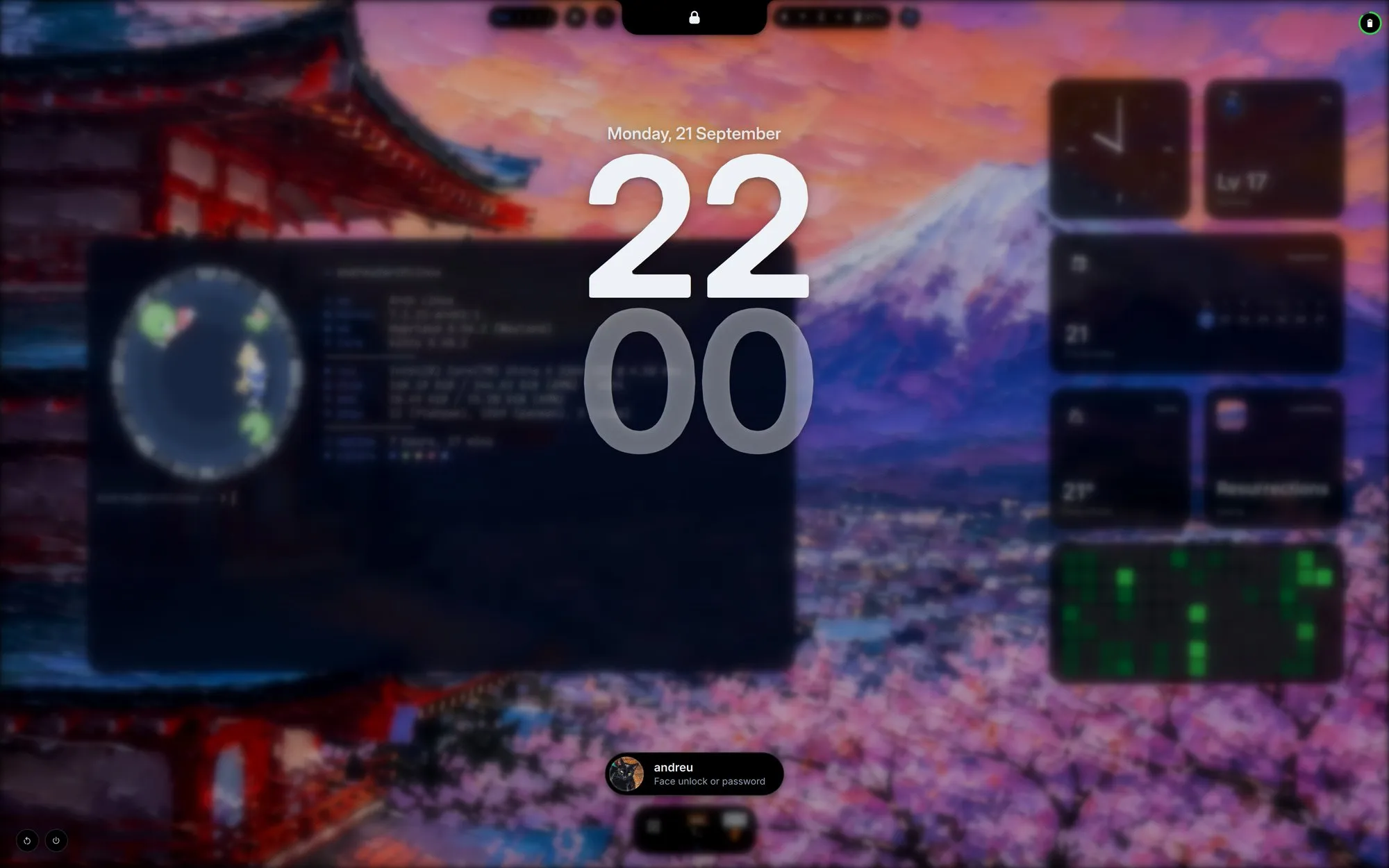 The lock awake: the clock risen towards the top, a black pill at the bottom with a round picture, the name andreu and Face unlock or password, and restart and shut down in the bottom-left corner.