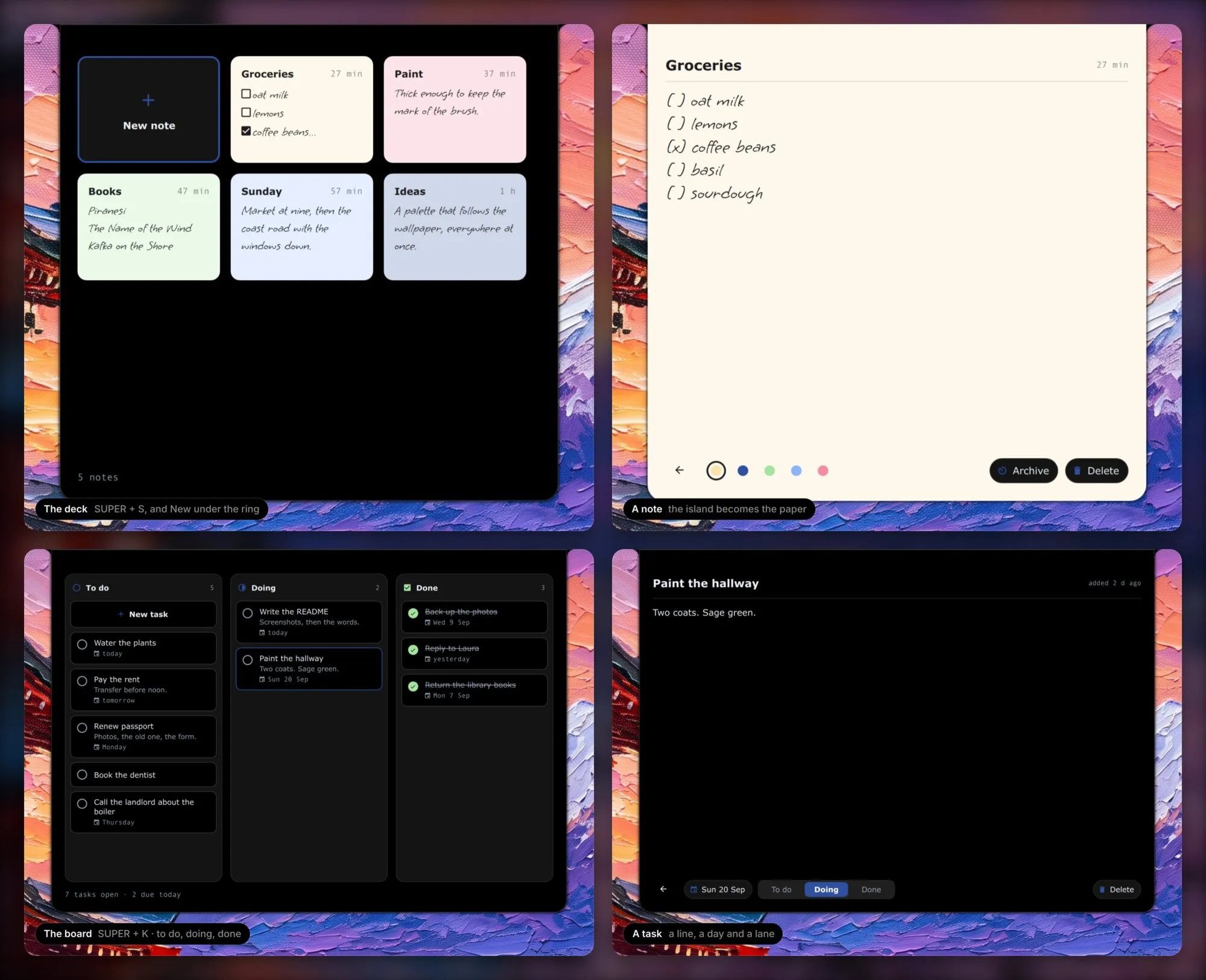 The deck of pastel notes in handwriting, one note open with the island become yellow paper, the kanban board with three lanes, and a task open with its day and lane