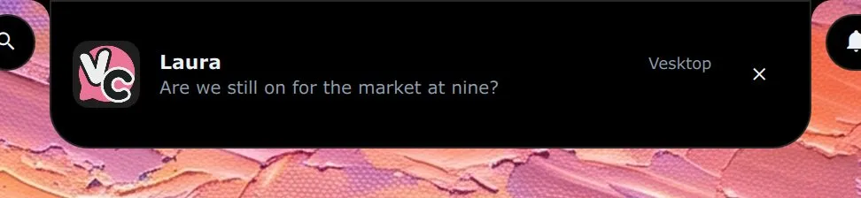 The island opened into a notification from Vesktop: Laura asks whether the market at nine is still on.