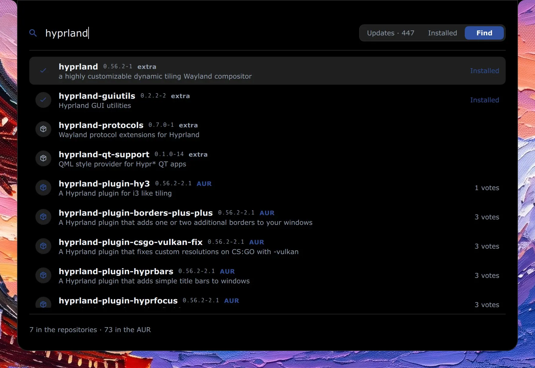 The packages panel searching for hyprland, with results from the repositories and the AUR, two of them marked installed.
