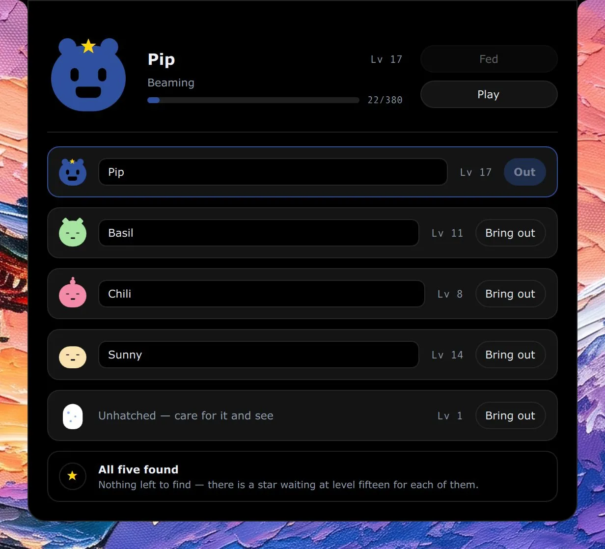 The pet panel: Pip, a blue creature at level 17, with Fed and Play buttons, and four more pets and an unhatched egg below.