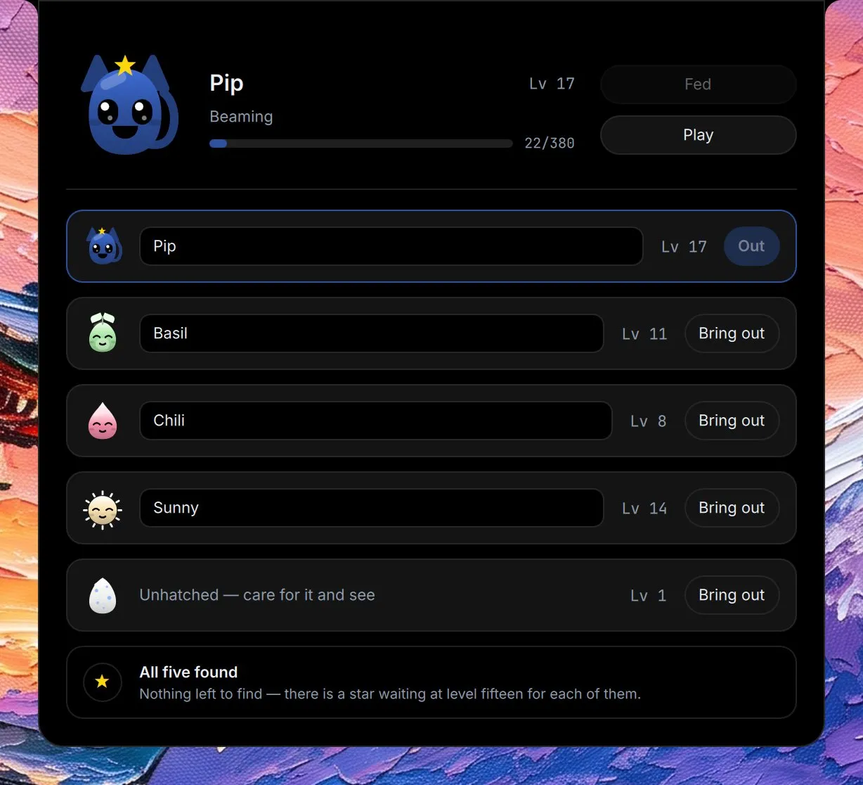 The pet panel: Pip, the blue pet that is out, with its mood, its level bar, Fed and Play, and the rest of the family listed below with their levels and Bring out.