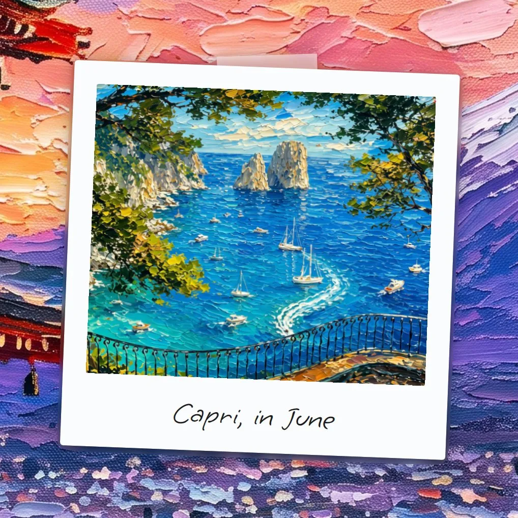 The same photo in Analogue: an instant print with a strip of tape along the top and “Capri, in June” handwritten in its chin